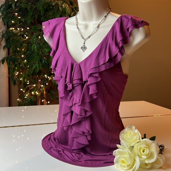 🍇EXPRESS WINE COLORED RUFFLED V NECK TOP SIZE SMALL PETITE - Picture 2 of 13